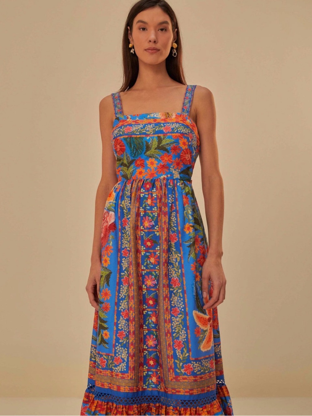 FARM Rio Blue Floral Maxi Dress with Orange and Pink Accents
